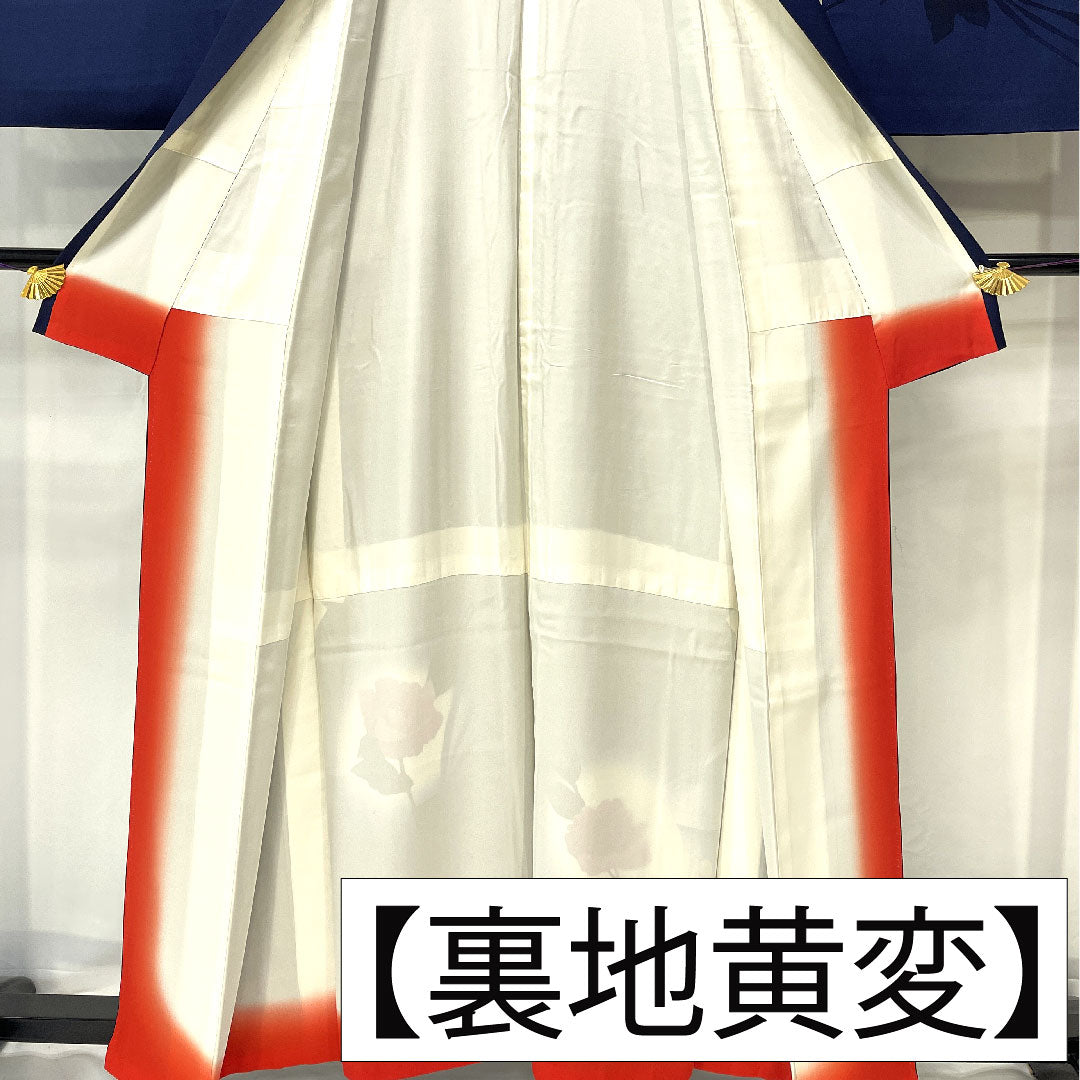 Homongi, pure silk, lined, length 159cm, sleeve length 65cm, dark blue, butterfly, rose, A rank, navy blue, 1112005883318