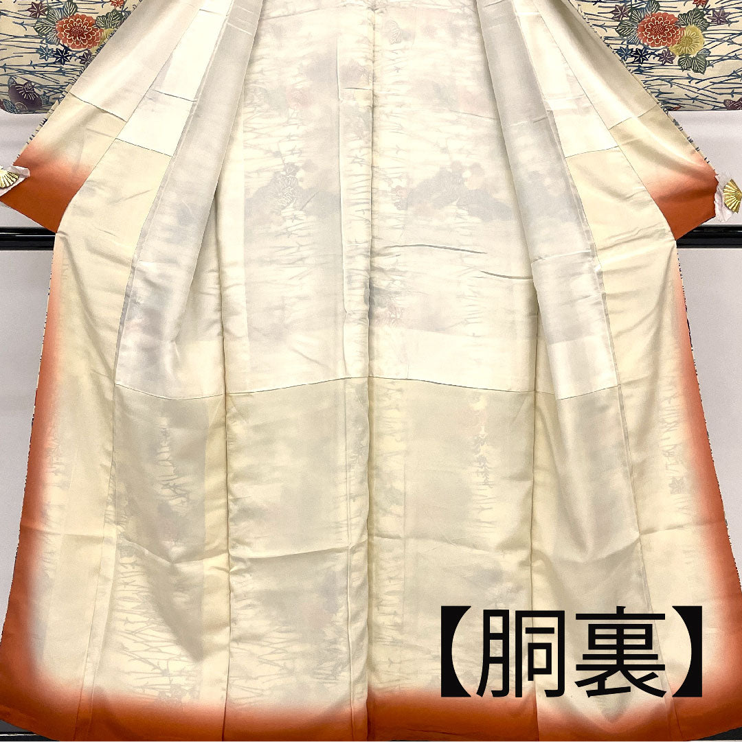 小紋 身丈160cm 裄丈65cm 袷  型染 松葉 花模様  正絹 Bランク クリーム系 1115001194315