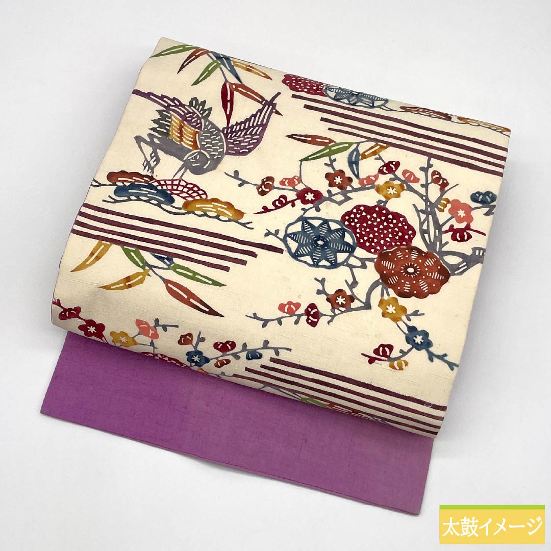 Nagoya Obi, Pure Silk, B-Rank, Kyoto Bingata Pattern, Tsumugi Fabric, Ryukyu Pattern, Length 375cm, Six-Ply, Casual, White, 1124009854311, Nagoya Style