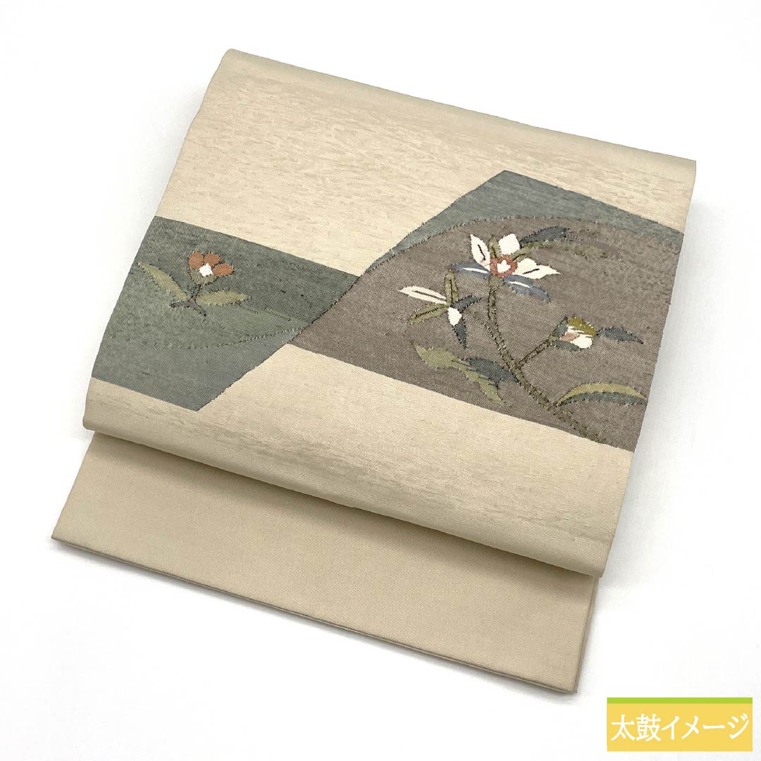 Nagoya Obi, Pure Silk, S-Rank, Sobakiri Color, Sukui Weave, Floral Pattern, Length 378cm, Pointed Pattern, Casual, Beige, 1124010052325, Open-Leaf Style