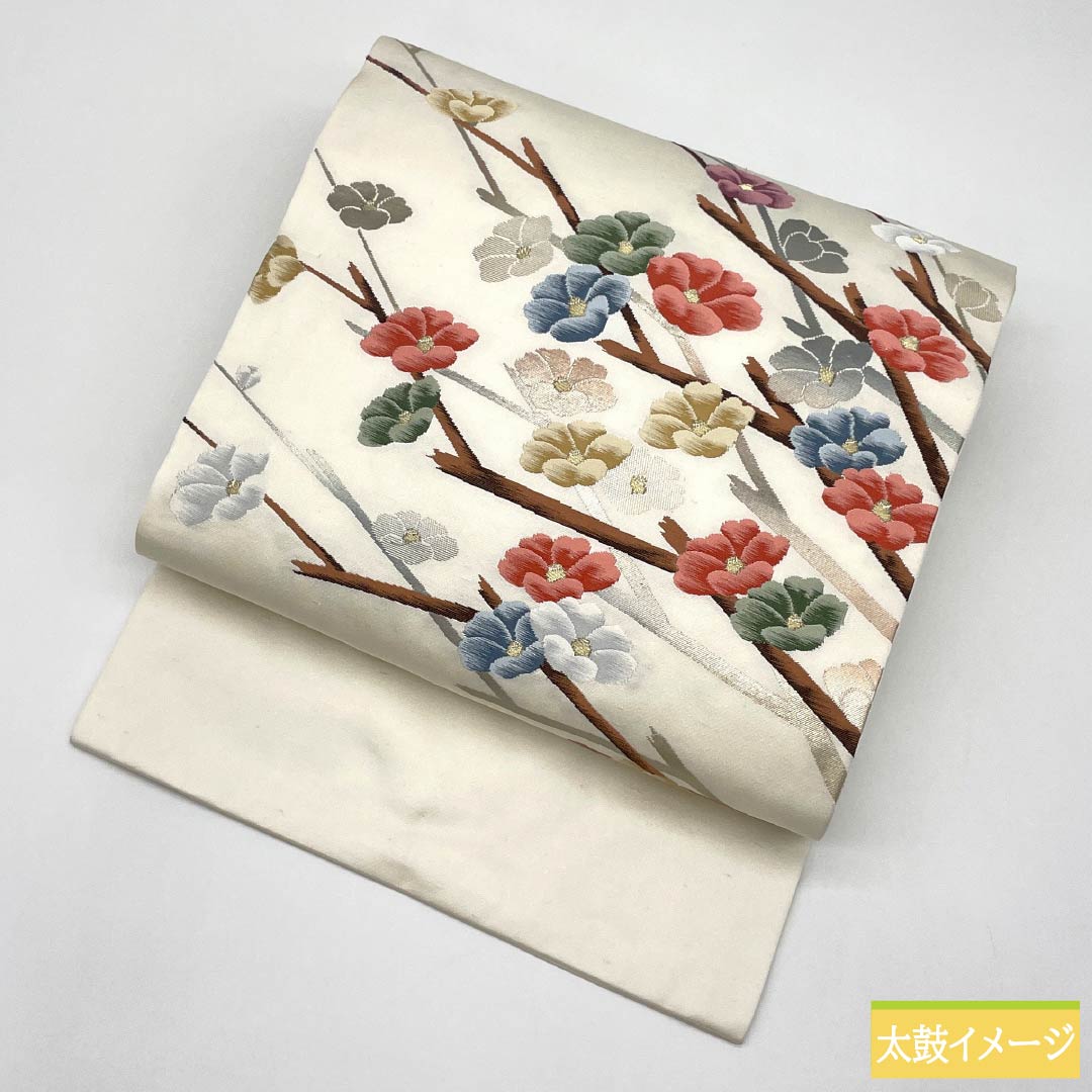 Nagoya Obi, Pure Silk, Grade A, Sazanka (Castle Flower) Pattern, Nishijin-ori Weave, Tsumugi Fabric, Length 363cm, Pointed Pattern, Casual, White, Item Number 1124010153311, Nagoya Style