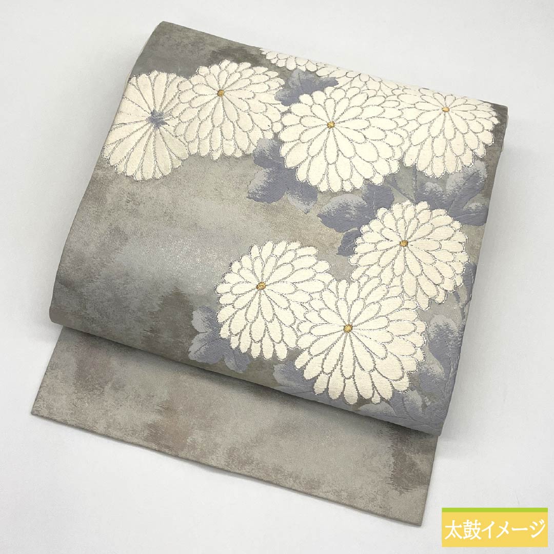 Nagoya Obi, Pure Silk, Grade A, Nishijin-ori, Chrysanthemum Design, 355cm Long, Silver, Pointed Pattern, Semi-Formal, 1124010343322, Nagoya Style