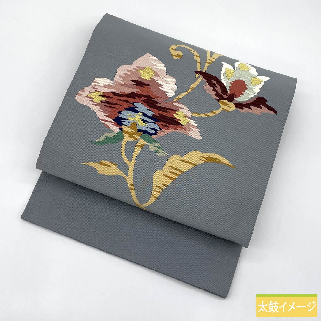Nagoya Obi, Pure Silk, S-Rank, Gray-Blue (Haiaoiro), Tapestry Weave, Abstract Floral Pattern, Pointed Design, Semi-Formal, Gray, Item Number: 1124010362322, Pine Needle Pattern