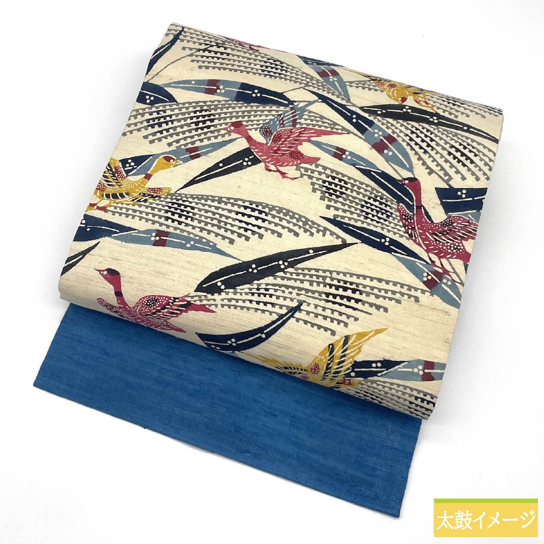 Nagoya Obi, Pure Silk, Grade B, Off-White, Kyoto Bingata Pattern, Tsumugi Fabric, Dyed, 373cm Long, Six-Ply, Casual, Cream-Tone, Product Number: 1124009874315, Nagoya Style