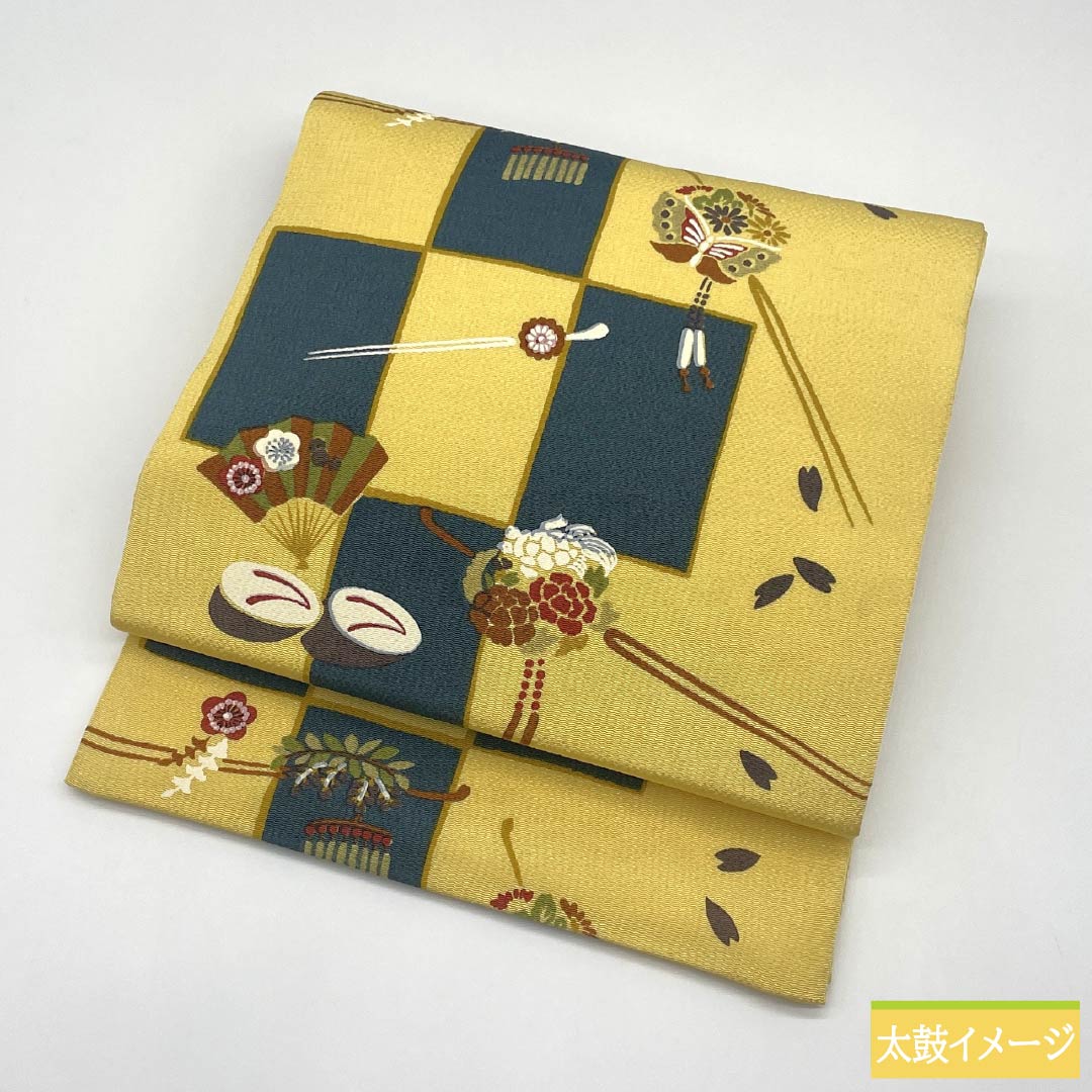 Nagoya Obi, Pure Silk, S-Rank, Egg-Colored, Checkered Pattern, Dyed, with Kanzashi Hairpin, 350cm Long, Full Length, Casual, Yellow, 1124009962323, Open-Leg Style