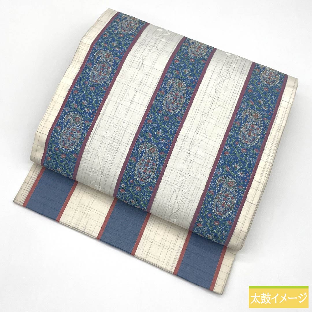 Nagoya Obi, Pure Silk, S-Rank, Striped, Nishijin-ori, Sarasa Pattern, Length 361cm, Pointed Pattern, Casual, White, 1124010332311, Nagoya Style