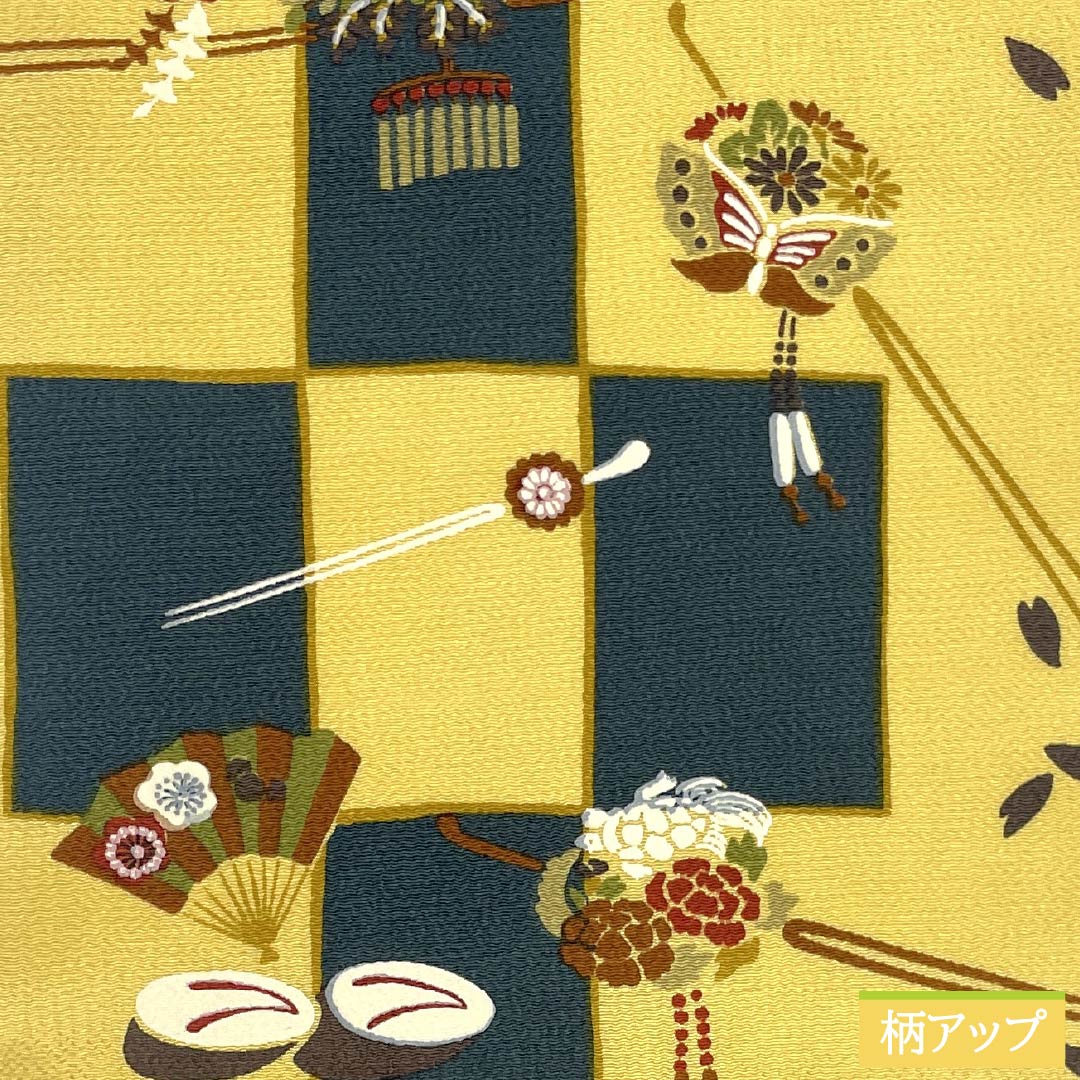 Nagoya Obi, Pure Silk, S-Rank, Egg-Colored, Checkered Pattern, Dyed, with Kanzashi Hairpin, 350cm Long, Full Length, Casual, Yellow, 1124009962323, Open-Leg Style