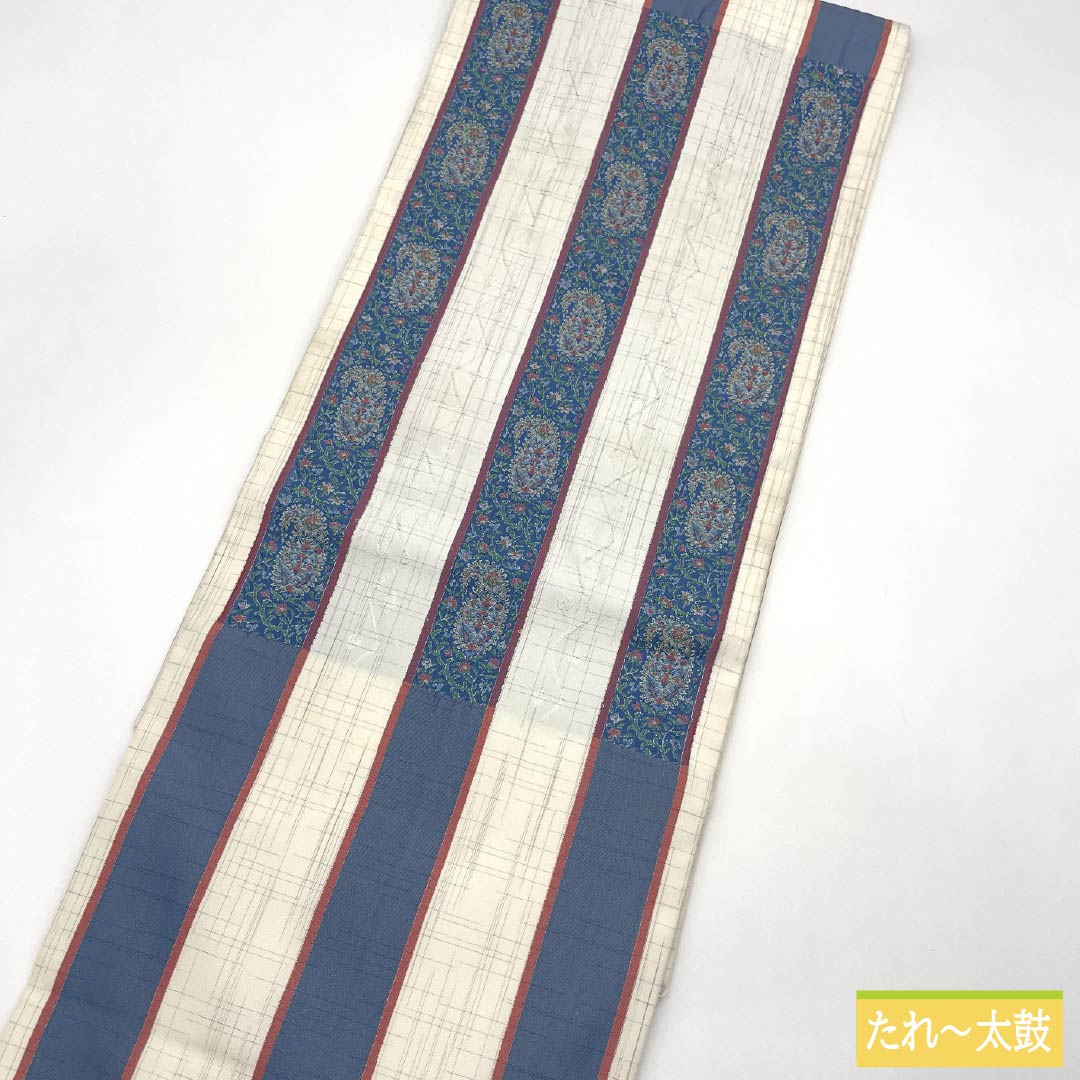Nagoya Obi, Pure Silk, S-Rank, Striped, Nishijin-ori, Sarasa Pattern, Length 361cm, Pointed Pattern, Casual, White, 1124010332311, Nagoya Style