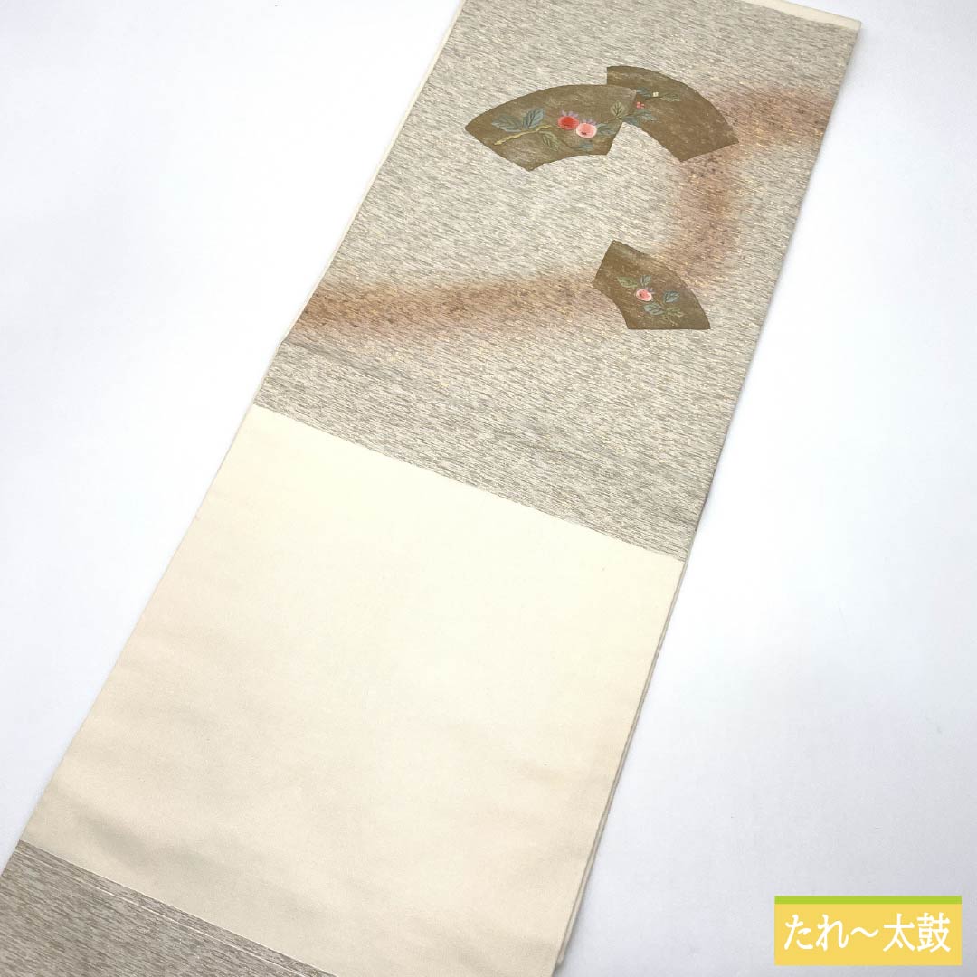 Nagoya Obi, Pure Silk, S-Rank, Nishijin-ori, Fan-Shaped Design, Embroidered Floral Pattern, 355cm Long, Pointed Design, Semi-Formal, White, Item Number 1124010312311, Nagoya Style