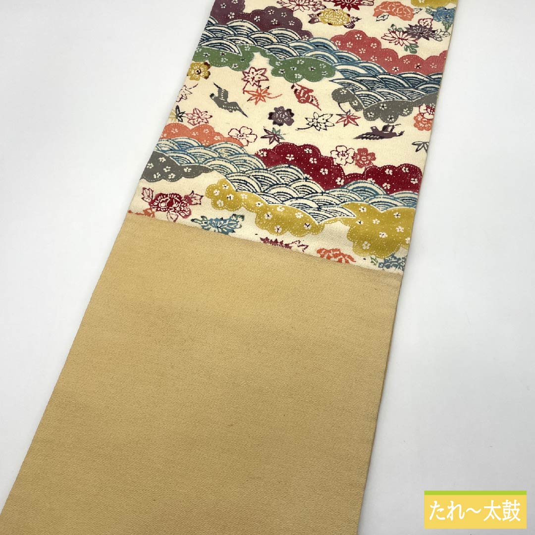 Nagoya Obi, Pure Silk, Grade B, Milky White, Kyoto Bingata Dyed Obi with Auspicious Motifs, Length 402cm, Six-Ply, Casual, Cream-Colored, 1124009924415, Pine Needle Pattern