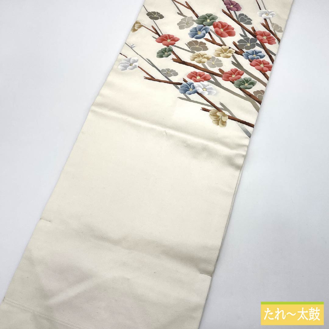 Nagoya Obi, Pure Silk, Grade A, Sazanka (Castle Flower) Pattern, Nishijin-ori Weave, Tsumugi Fabric, Length 363cm, Pointed Pattern, Casual, White, Item Number 1124010153311, Nagoya Style