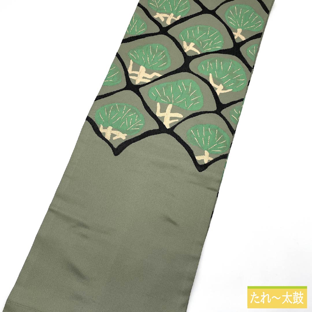 Nagoya Obi, Pure Silk, S-Rank, Willow Gray (Yanagi Nezuiro), Nishijin-ori (Nishijin-ori) Fabric, Pine Pattern, Pointed Pattern, Casual, Green, 373cm Long, Product Number: 1124010402319, Nagoya Style