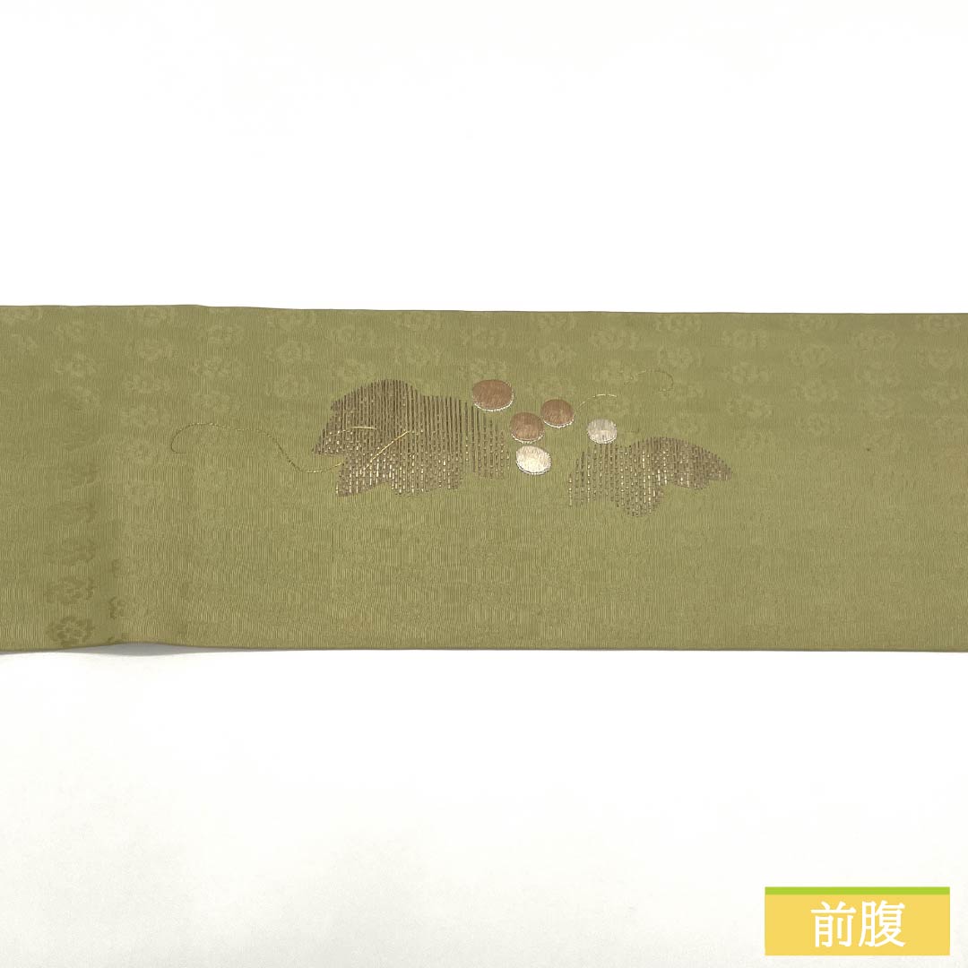 Nagoya Obi, Pure Silk, Grade A, Pale Yellow, Takeyamachi Embroidery, Grape Arabesque Design, Pointed Pattern, Semi-Formal, Yellow, 364cm Length, 1124010373323, Nagoya Style