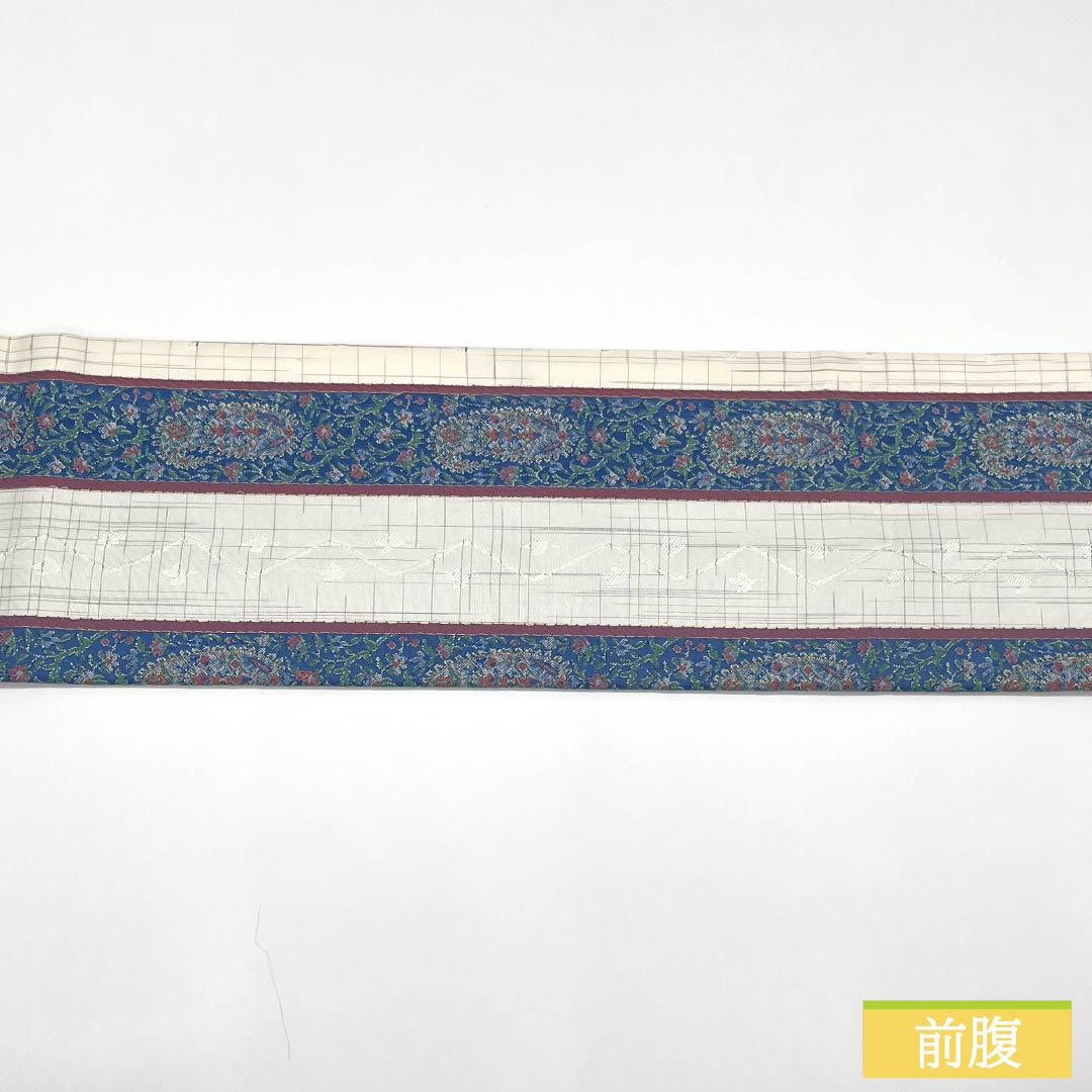 Nagoya Obi, Pure Silk, S-Rank, Striped, Nishijin-ori, Sarasa Pattern, Length 361cm, Pointed Pattern, Casual, White, 1124010332311, Nagoya Style