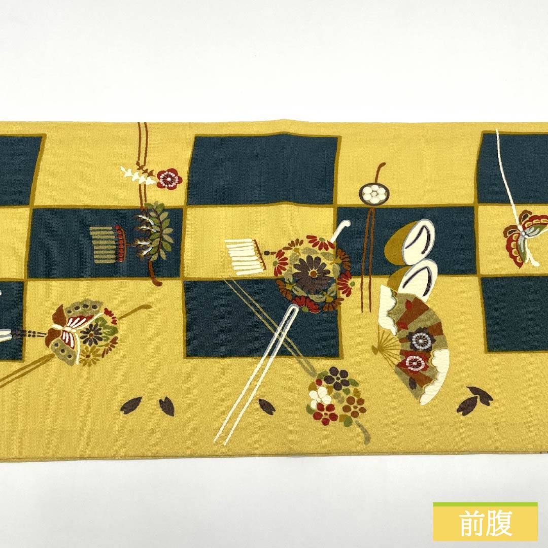 Nagoya Obi, Pure Silk, S-Rank, Egg-Colored, Checkered Pattern, Dyed, with Kanzashi Hairpin, 350cm Long, Full Length, Casual, Yellow, 1124009962323, Open-Leg Style