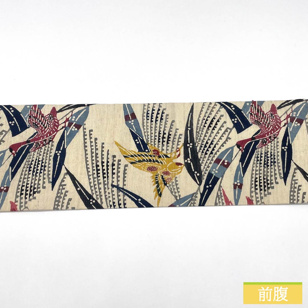 Nagoya Obi, Pure Silk, Grade B, Off-White, Kyoto Bingata Pattern, Tsumugi Fabric, Dyed, 373cm Long, Six-Ply, Casual, Cream-Tone, Product Number: 1124009874315, Nagoya Style