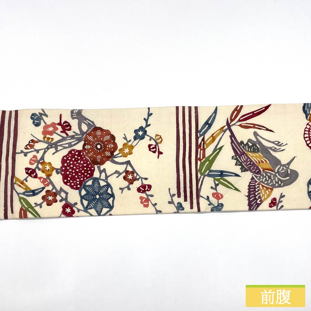 Nagoya Obi, Pure Silk, B-Rank, Kyoto Bingata Pattern, Tsumugi Fabric, Ryukyu Pattern, Length 375cm, Six-Ply, Casual, White, 1124009854311, Nagoya Style
