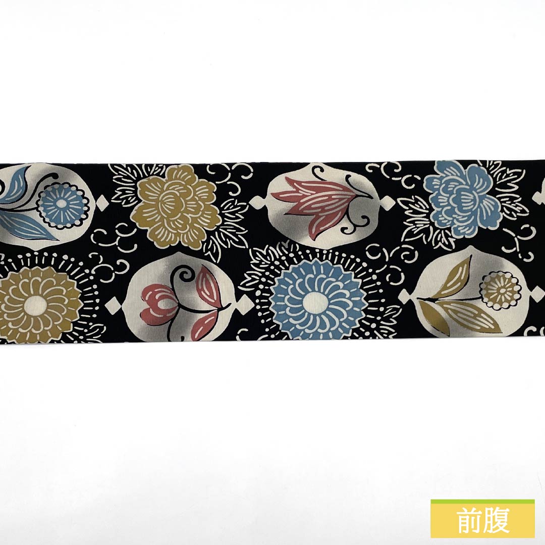 Nagoya Obi, Pure Silk, A-Rank, Kyoto Bingata Dyed Obi with Floral Pattern, Length 354cm, Full Length, Casual, Black, Item Number 1124009903310, Nagoya Style