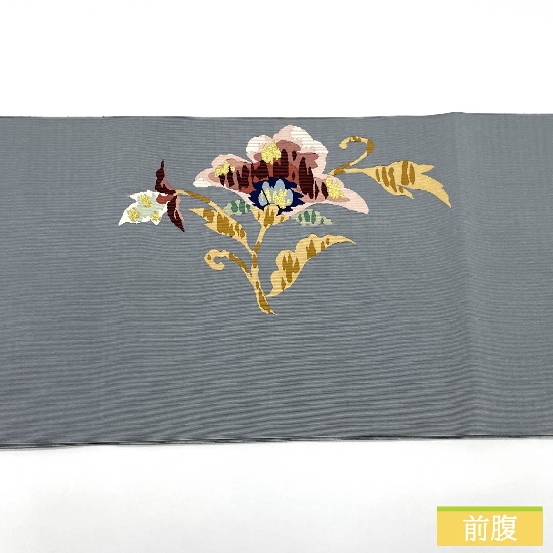 Nagoya Obi, Pure Silk, S-Rank, Gray-Blue (Haiaoiro), Tapestry Weave, Abstract Floral Pattern, Pointed Design, Semi-Formal, Gray, Item Number: 1124010362322, Pine Needle Pattern
