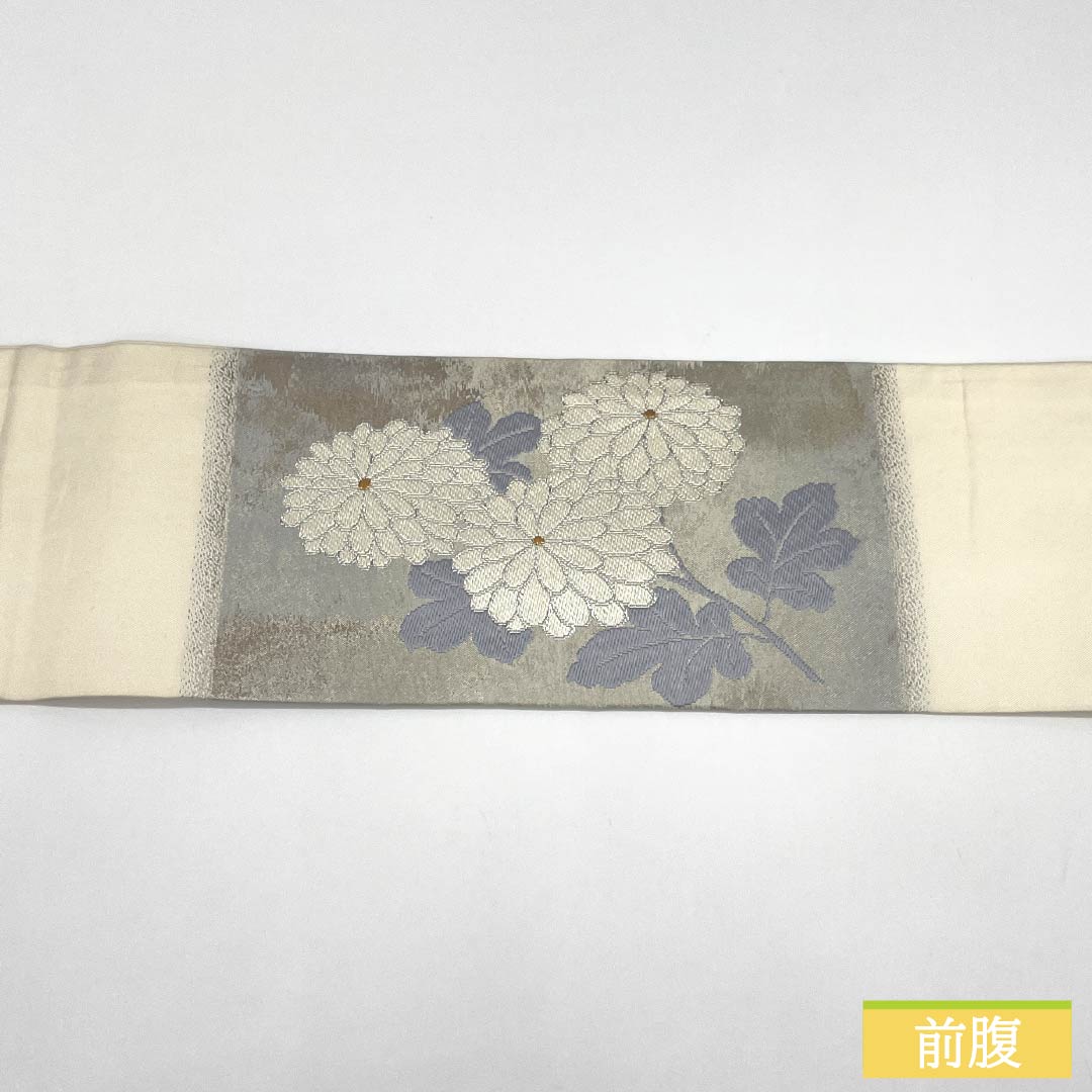 Nagoya Obi, Pure Silk, Grade A, Nishijin-ori, Chrysanthemum Design, 355cm Long, Silver, Pointed Pattern, Semi-Formal, 1124010343322, Nagoya Style