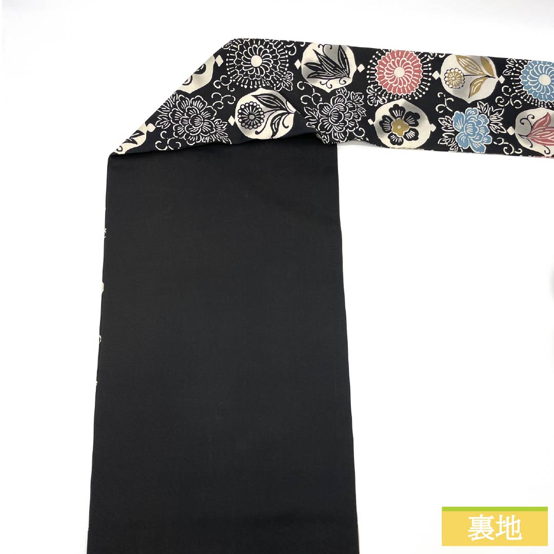 Nagoya Obi, Pure Silk, A-Rank, Kyoto Bingata Dyed Obi with Floral Pattern, Length 354cm, Full Length, Casual, Black, Item Number 1124009903310, Nagoya Style