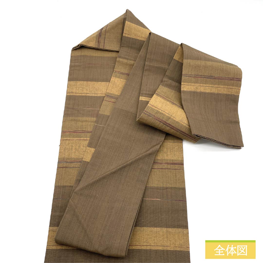 名古屋帯 正絹 Aランク 横段 紬地 帯丈340cm 六通 カジュアル 茶系 1124010073314 名古屋仕立て
