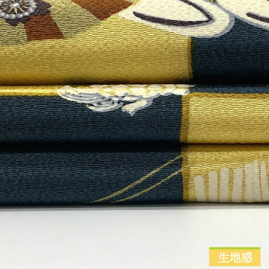 Nagoya Obi, Pure Silk, S-Rank, Egg-Colored, Checkered Pattern, Dyed, with Kanzashi Hairpin, 350cm Long, Full Length, Casual, Yellow, 1124009962323, Open-Leg Style