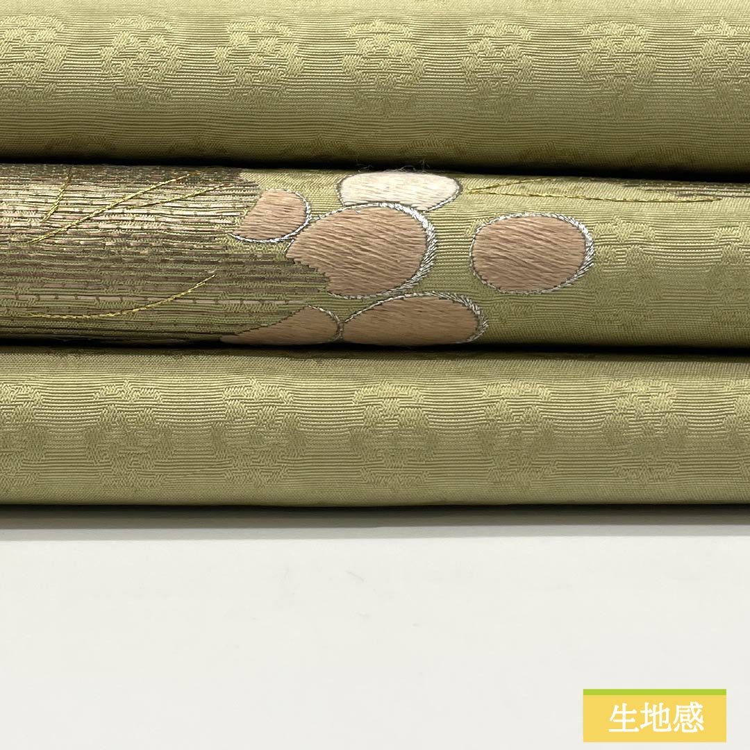 Nagoya Obi, Pure Silk, Grade A, Pale Yellow, Takeyamachi Embroidery, Grape Arabesque Design, Pointed Pattern, Semi-Formal, Yellow, 364cm Length, 1124010373323, Nagoya Style