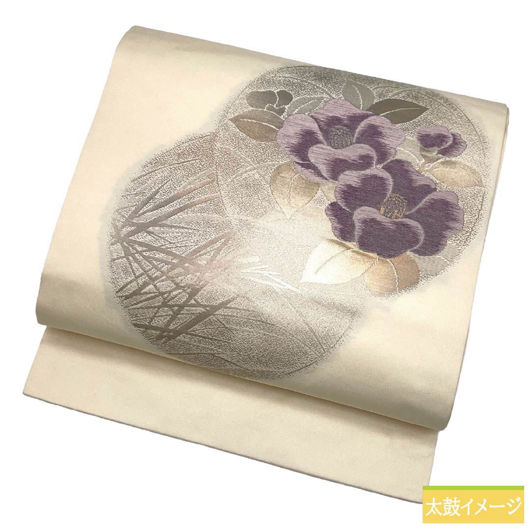 Nagoya obi, genuine silk, Rank A, Nagoya tailoring, ecru, classic pattern with camellia in circles, obi length 358cm, partial pattern, semi-formal, white-based, 1124012673311