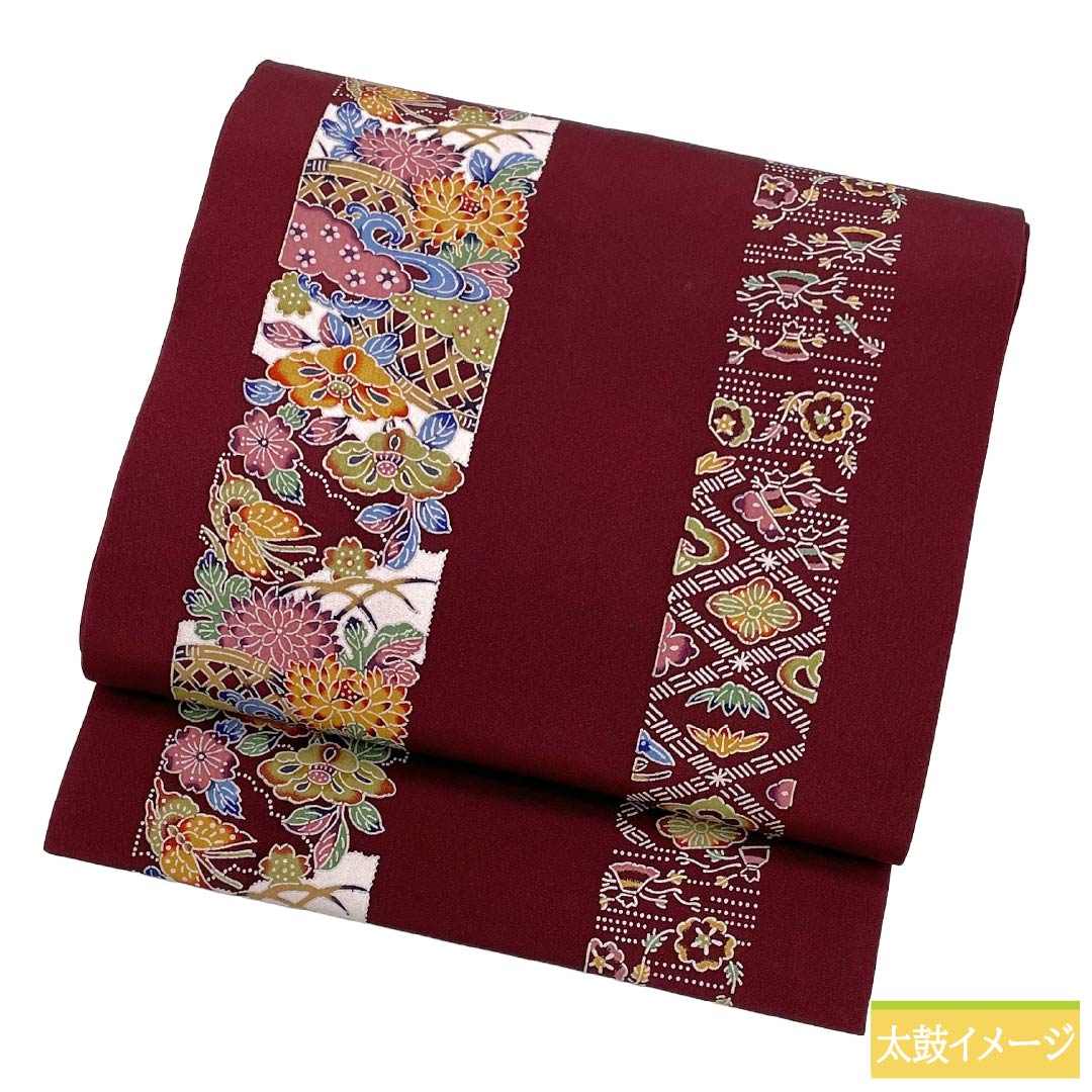 Nagoya obi, genuine silk, Rank A, Nagoya tailoring, Mokuran-iro (pale yellow), Kyo-bingata, stripes, classical pattern, obi length 360cm, full-width pattern, casual, purple-tones, 1124011693320