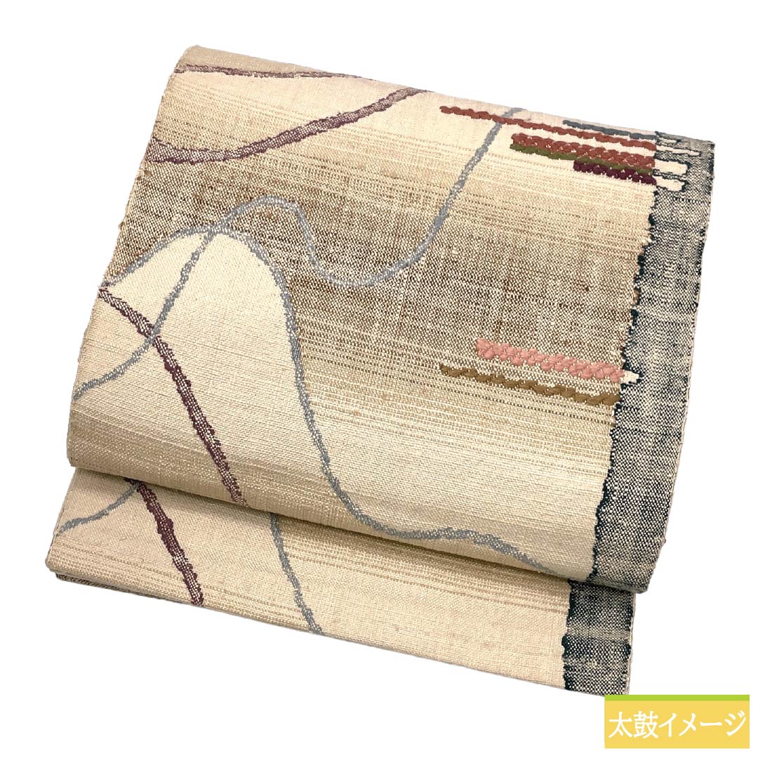 名古屋帯 正絹 Aランク 松葉仕立て 生成り色（きなりいろ） 抽象柄 紬地 帯丈360cm 六通 カジュアル ベージュ系 1124011723325