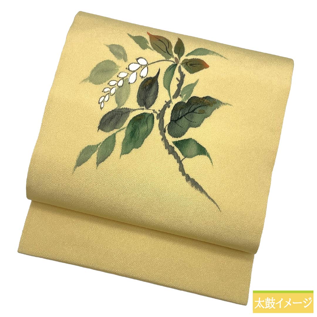 Nagoya obi, genuine silk, A rank, Nagoya-style tailoring, eggshell color, chirimen fabric, dyed reeds and floral patterns, obi length 363cm, partial pattern, casual, yellow tones