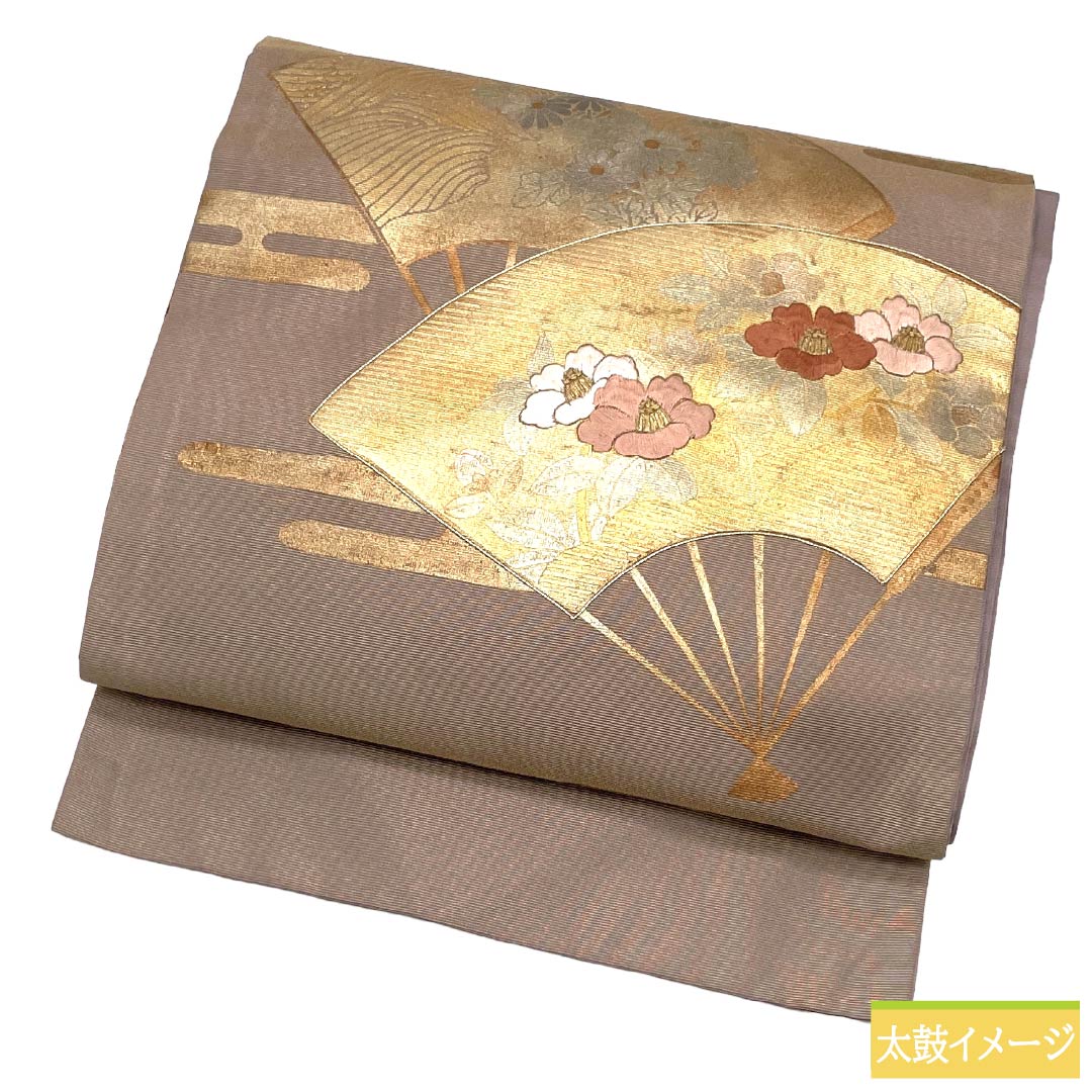 名古屋帯 正絹 Sランク 名古屋仕立て 都鼠色（みやこねずいろ） 古典柄 扇面 草花 帯丈356cm ポイント柄 セミフォーマル 紫系 1124012532320