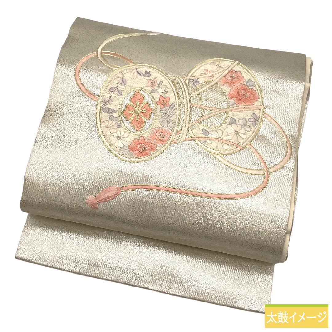 Nagoya obi, genuine silk, Rank A, Nagoya tailoring, silver (gin'iro), Suzhou embroidery, classic pattern, tsuzumi drum, obi length 358cm, partial pattern, semi-formal, silver-tone, 1124012623322