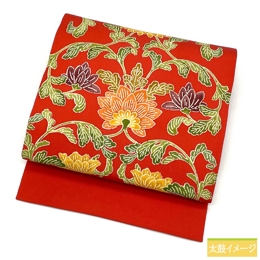 Nagoya Obi, Pure Silk, Rank A, Akabeni-iro (Crimson Red), Kyo-Bingata, Floral Pattern, Obi Length 346cm, Zentsu, Casual, Red Tones, 1124011163312, Nagoya Tailored
