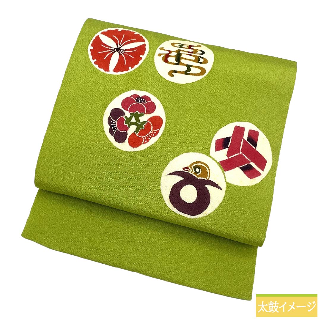 Nagoya obi, genuine silk, Rank A, Nagoya tailoring, koenshoku (light greenish yellow) with katazome, classic patterns, circular classic pattern, obi length 342cm, point pattern, casual, green tones, 1124011933319