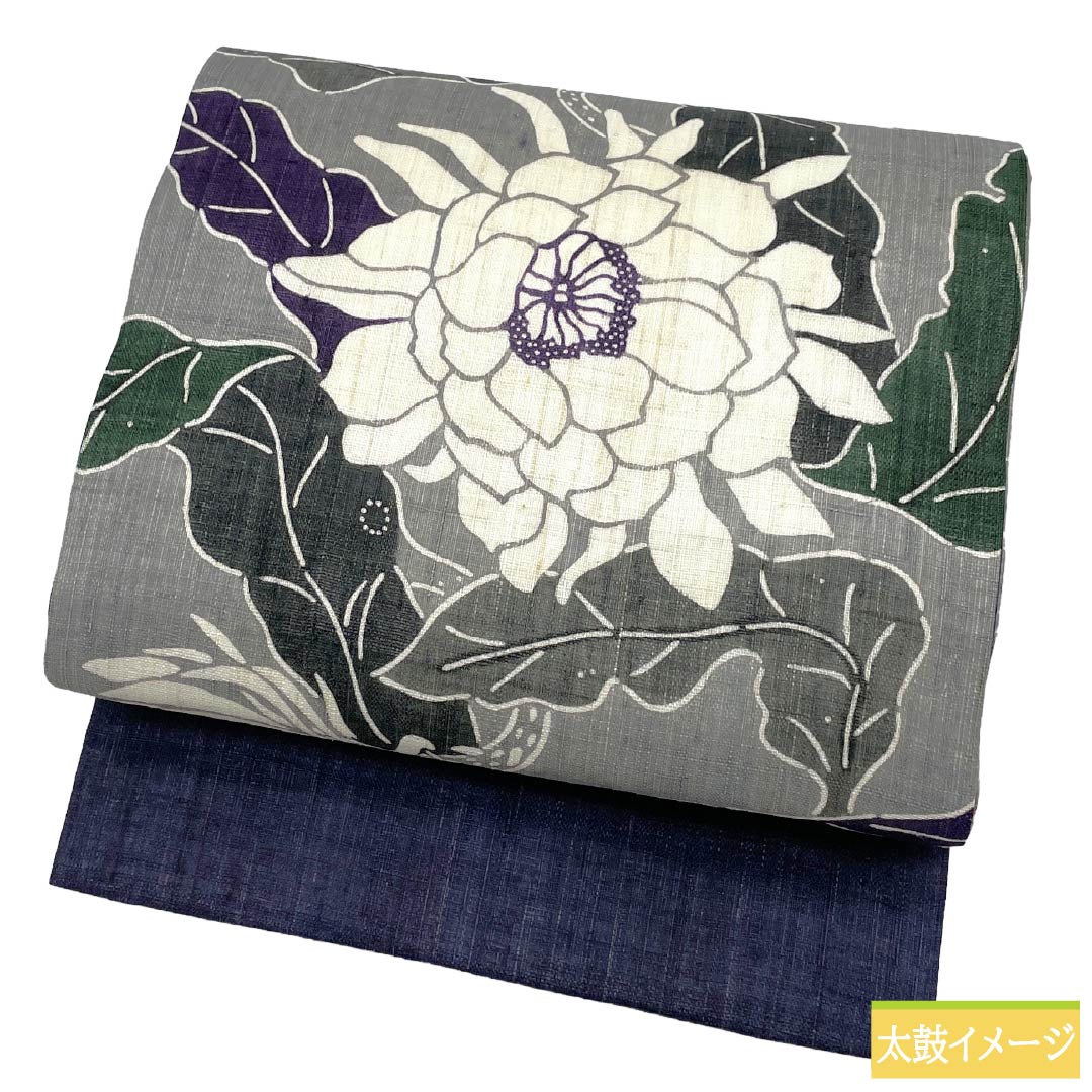 （新品）名古屋帯 正絹 NEWランク 名古屋仕立て 灰色（はいいろ） 栗山吉三郎 京紅型 月下美人 帯丈378cm ポイント柄 カジュアル グレー系 1124013081322