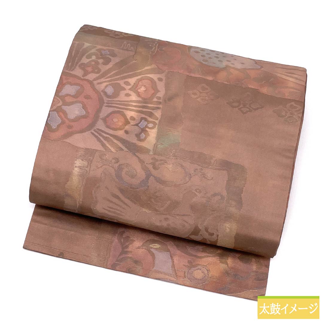 Nagoya Obi Silk A Rank Fushi-iro (Brownish Gray) Abstract Bird Pattern Obi Length 352cm Rokutsu Semi-Formal Brown 1124011353314 Nagoya-Style Finish