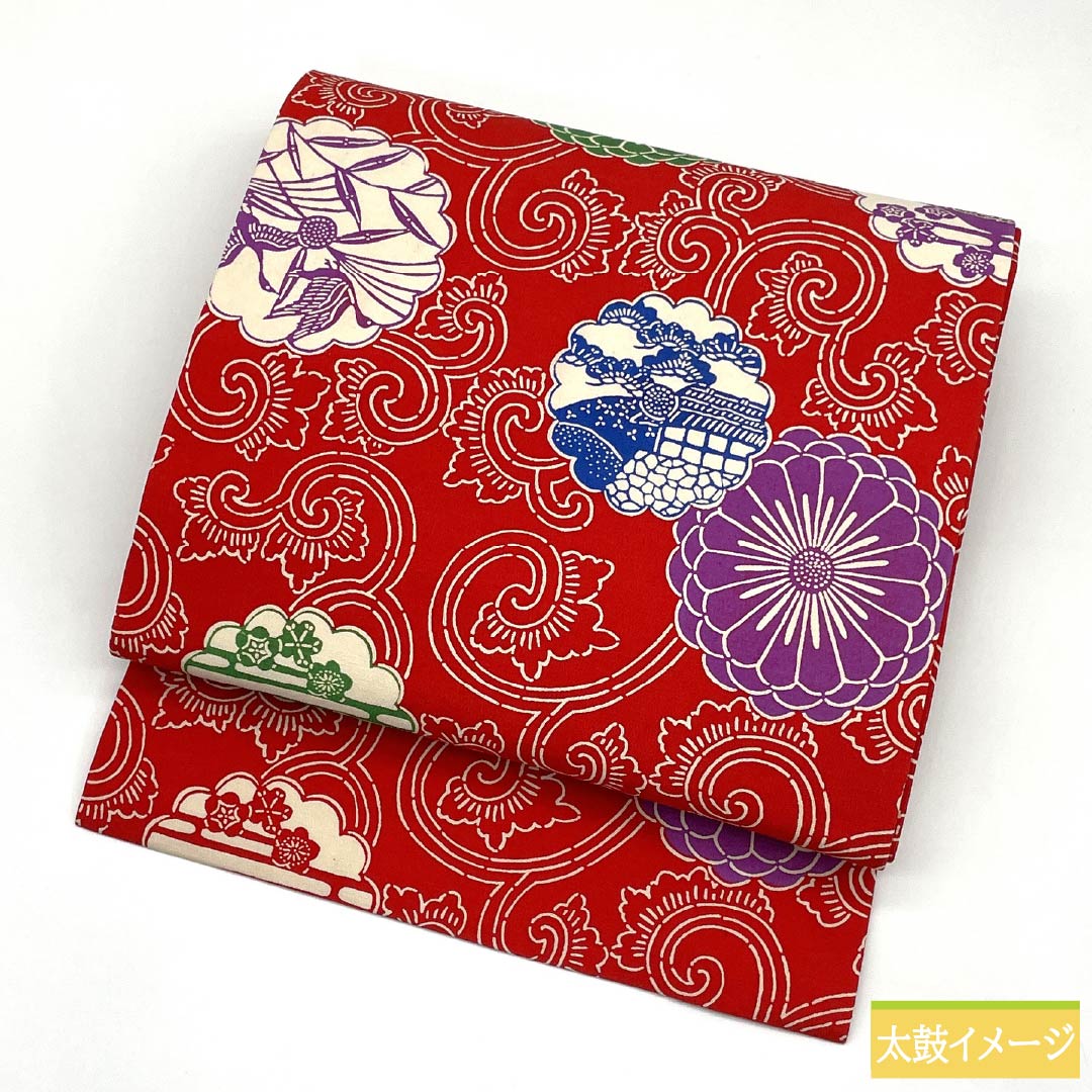 Nagoya Obi, Pure Silk, A Rank, Turkish Red, Stenciled, Classic Pattern, Flower Wreath, Obi Length 367cm, Rokutsu, Casual, Red Tones, 1124011423312, Nagoya Tailoring