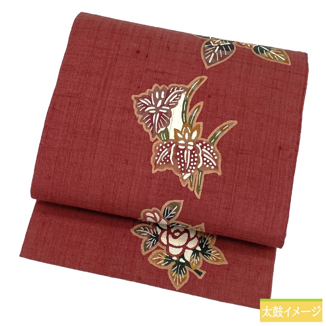 名古屋帯 正絹 Sランク 名古屋仕立て 生臙脂色（しょうえんじいろ） 型染 草花模様 紬地 帯丈371cm ポイント柄 カジュアル 赤系 1124012462312
