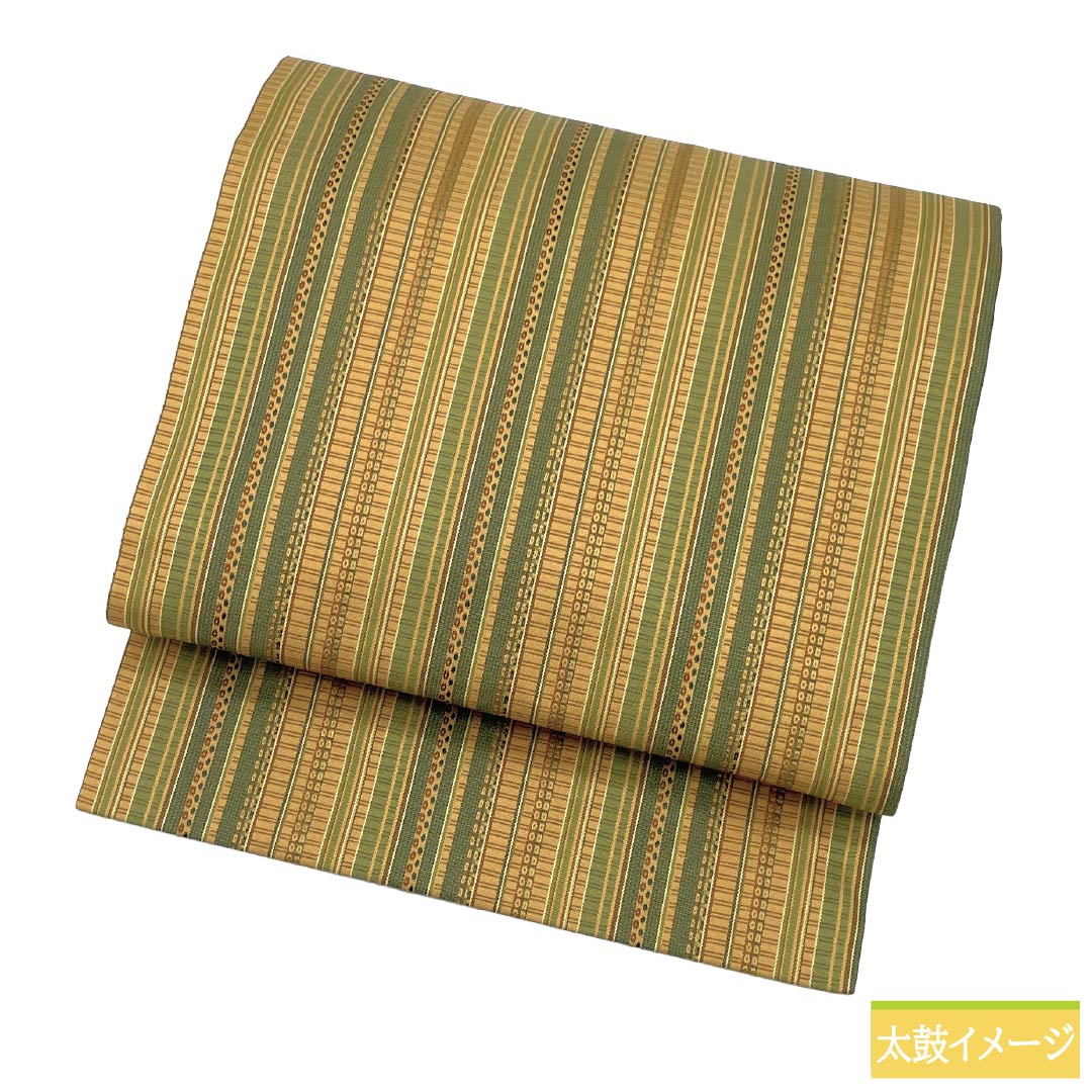 Nagoya obi, genuine silk, A rank, Nagoya tailoring, taupe/green, striped, geometric pattern, obi length 370cm, full pattern, casual, gradient, 1124011633399