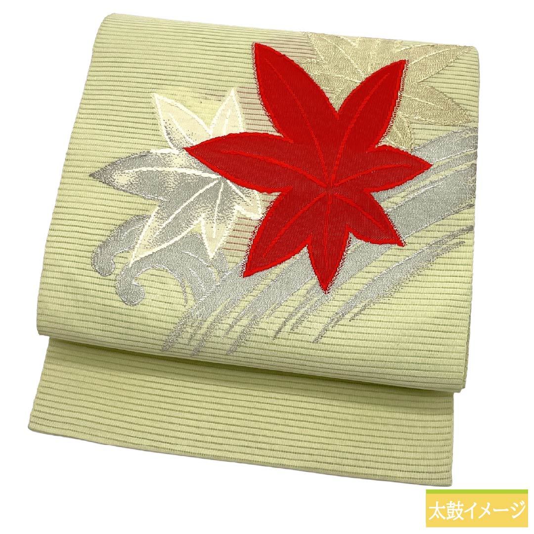 名古屋帯 正絹 Aランク 名古屋仕立て 若芽色（わかめいろ） 夏帯 古典柄 紅葉 帯丈334cm ポイント柄 セミフォーマル 緑系 1124013033319