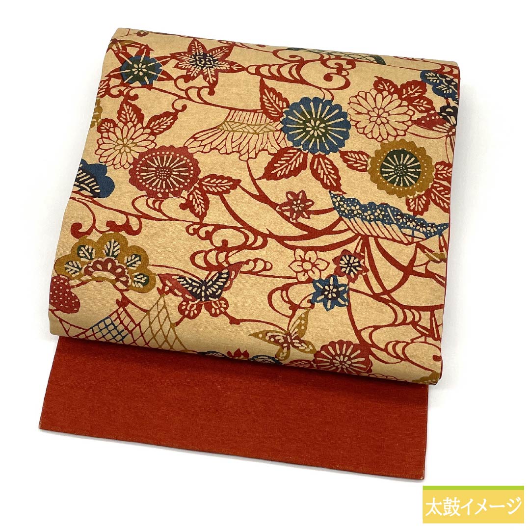 Nagoya obi, genuine silk, Rank A, clove color, Kyo-bingata, floral pattern, classic design, obi length 348cm, rokkutsu, casual, beige, 1124011123325, Nagoya style