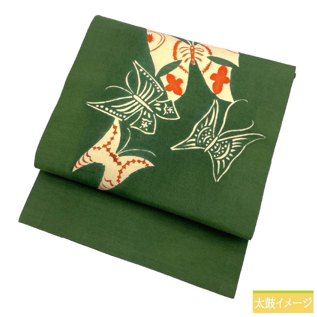 Nagoya Obi Silk A Rank Nagoya Tailoring Velour (Birodo-iro) Stenciled Pattern Butterfly Animal Pattern Obi Length 352cm Partial Pattern Casual Green 1124011983319