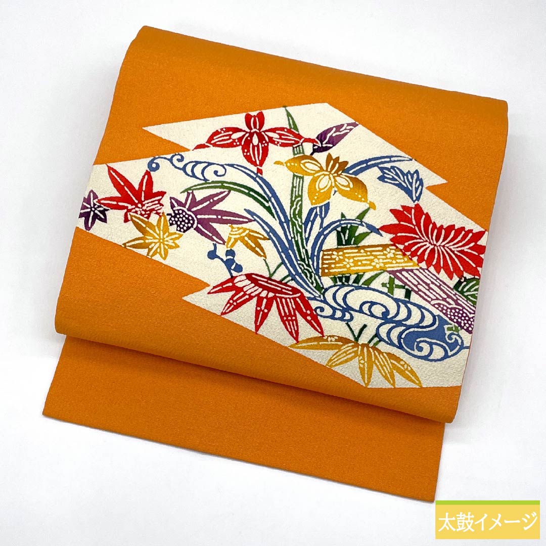 Nagoya obi, genuine silk, Rank A, orange, stencil-dyed, chirimen fabric, classic pattern, obi length 350cm, partial pattern, casual, orange-toned, 1124011483326, Nagoya style tailoring