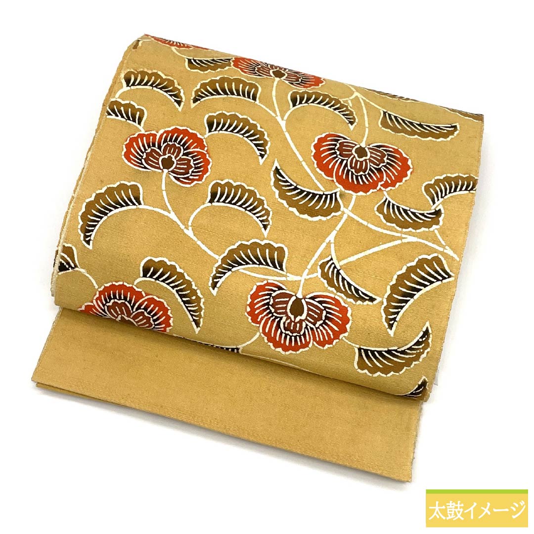 Nagoya Obi Silk A Rank Straw Yellow Kyo-Bingata Arabesque Pattern Tsumugi Weave 362cm Length Rokutsu Casual Beige 1124011213325 Matsuba-Jitate