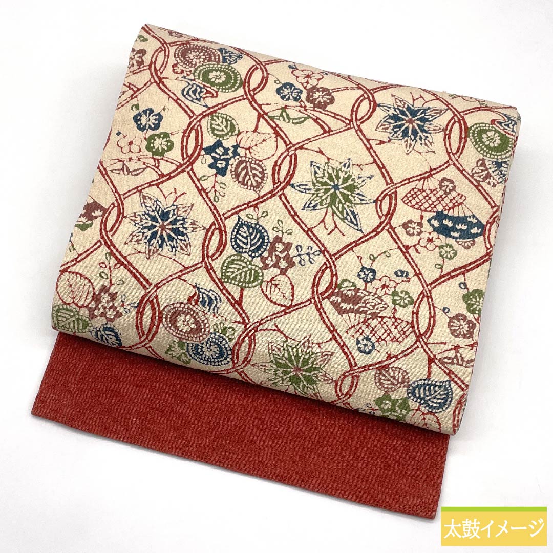 Nagoya obi, genuine silk, S-rank, Tonoko-iro (light beige), Kyo-bingata, tatewaku (wavy lines), plant motif, obi length 336cm, zen-tsu (pattern throughout), casual, beige tones, 1124011182325, Nagoya tailoring