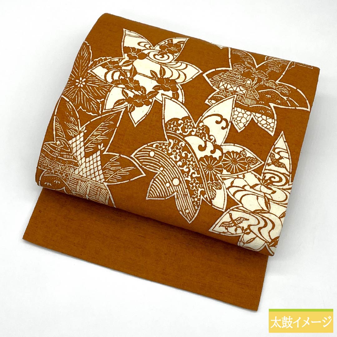 Nagoya Obi, Pure Silk, Rank B, Persimmon Brown, Stenciled Dyeing, Traditional Craft, by Hijikata, Obi Length 368cm, Zen-tsu, Casual, Brown Tones, 1124011434314, Nagoya-style tailoring