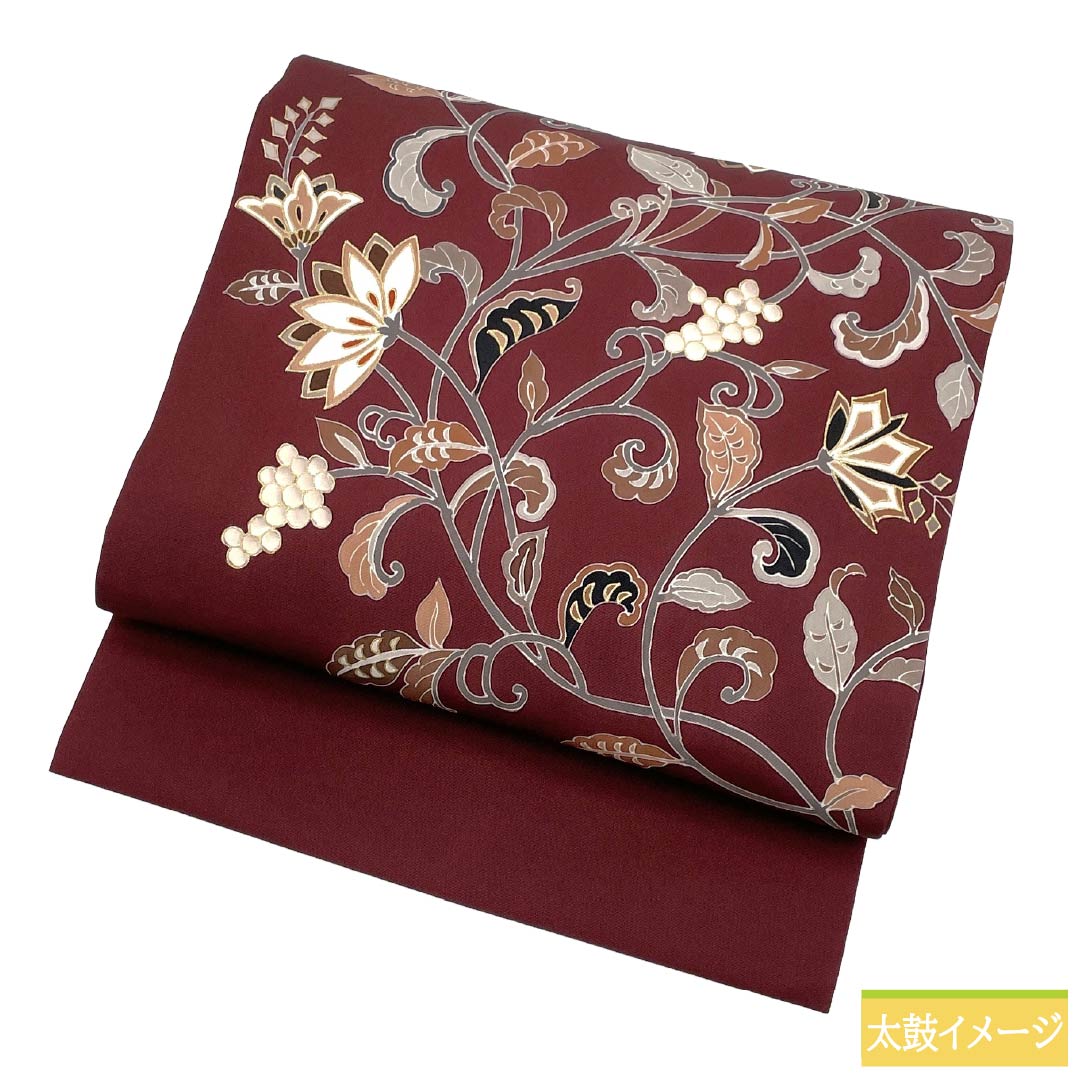 Nagoya obi, genuine silk, A rank, Nagoya tailoring, mokuran-jiki (magnolia color), dyed obi, shioze (crepe silk), arabesque pattern, obi length 380cm, point pattern, semi-formal, brown family, 1124012003414