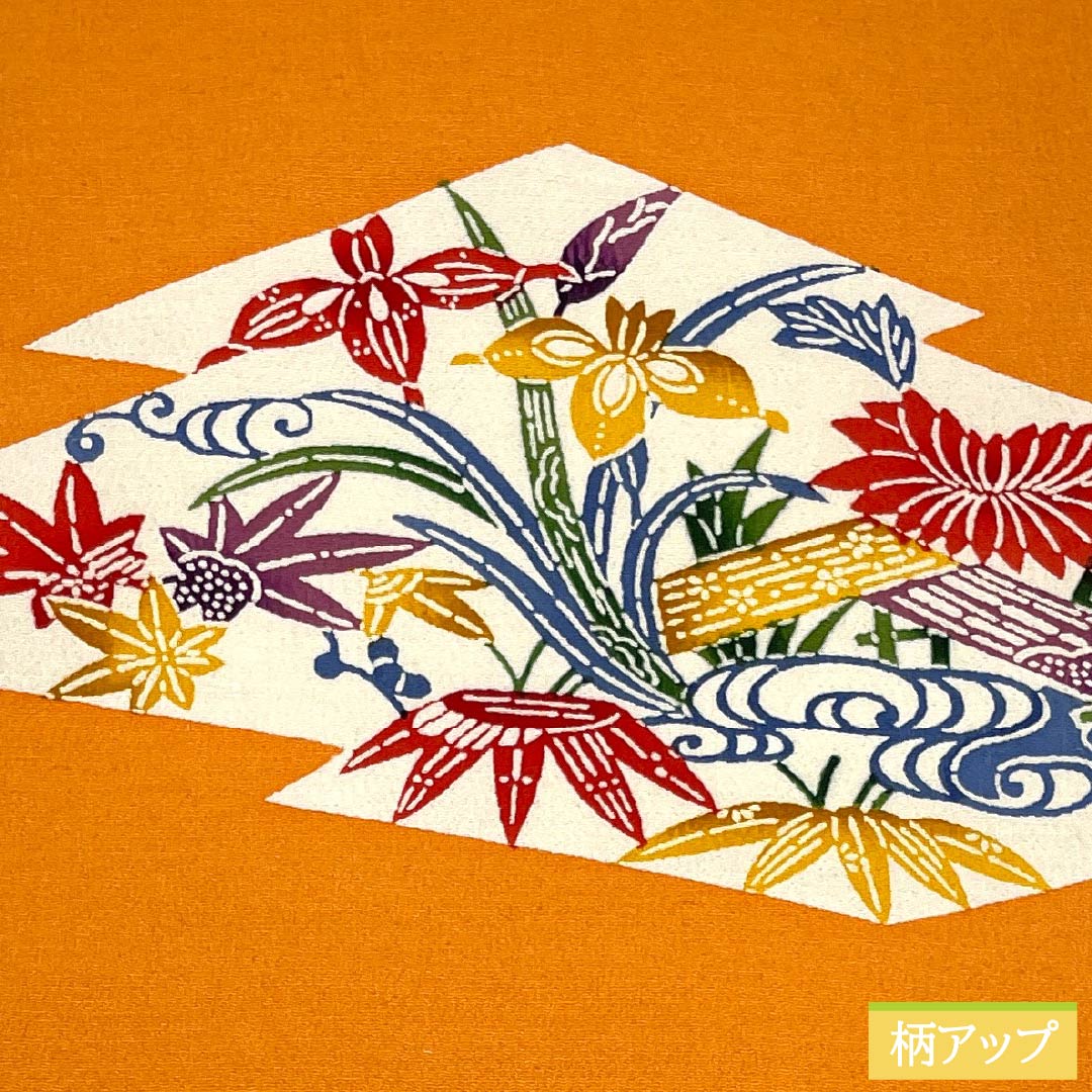 Nagoya obi, genuine silk, Rank A, orange, stencil-dyed, chirimen fabric, classic pattern, obi length 350cm, partial pattern, casual, orange-toned, 1124011483326, Nagoya style tailoring